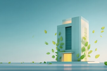 Fototapeta premium Isolated modern office building with a leaves icon, symbolizing eco-friendly practices and sustainability.