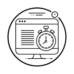 Vector art of digital clock icon with stopwatch on computer screen, representing time management and productivity in online business