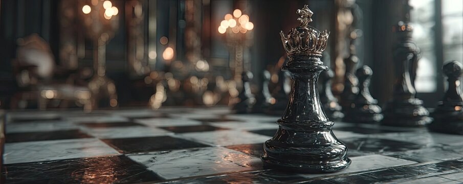 Pawn looking in the mirror seeing queen concept. A close-up of a chess piece on an ornate chessboard, reflecting strategy.