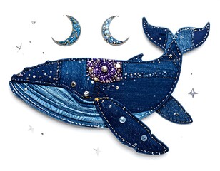Denim whale applique with celestial details and crescent moon earrings