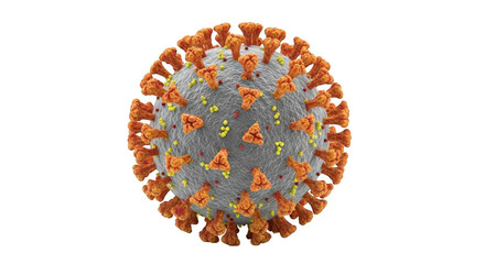 Microscopic view of a coronavirus particle with vibrant spikes and internal structures