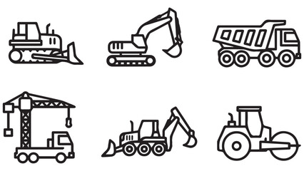 Naklejka premium Set of heavy construction vehicle icons, including a bulldozer, excavator, dump truck, crane, and road roller. Outline vector