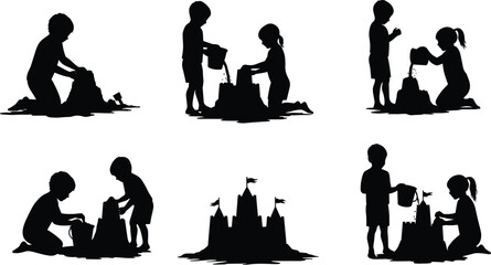 Children building sandcastle on beach, kids playing with bucket and sand, summer vacation activity, childhood fun, teamwork, outdoor recreation, silhouette illustration © Biplob Creatives