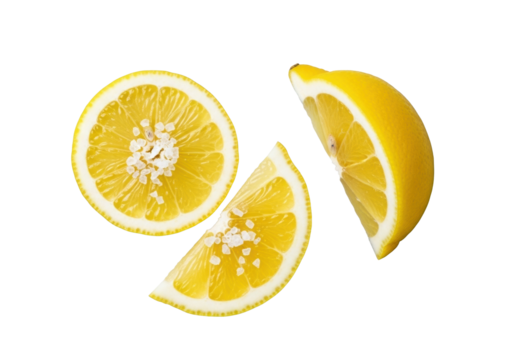 Close-up of vibrant yellow lemon slices and a wedge with sea salt, showcasing juicy pulp and white pith on a transparent background with high-key lighting, concept of crisp freshness