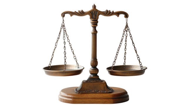 Antique golden brass scales of justice symbol isolated with the concepts of law, equality, and legal weight balance.
