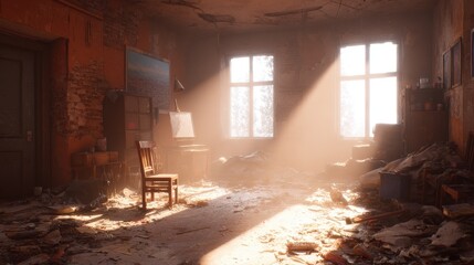 Fototapeta premium Dilapidated Atelier: A sun-drenched studio, its former splendor faded by time, is filled with remnants, light, and memories.