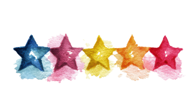 The image displays a row of five watercolor stars, each in a different color: blue, purple, yellow, orange, and red on white background 