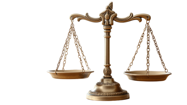 Antique golden brass scales of justice symbol isolated with the concepts of law, equality, and legal weight balance.