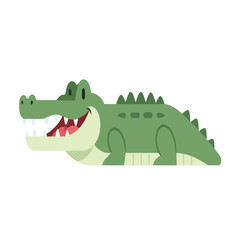 A cartoon-style illustration of a smiling green alligator with visible teeth on a white background.