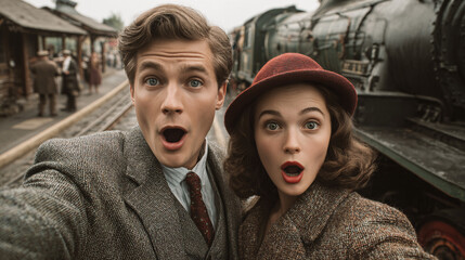 A Young Couple's Joyful Railway Selfie Vintage Style Travel