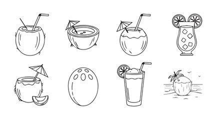 Tropical coconut drinks and refreshing summer beverages collection line art vector