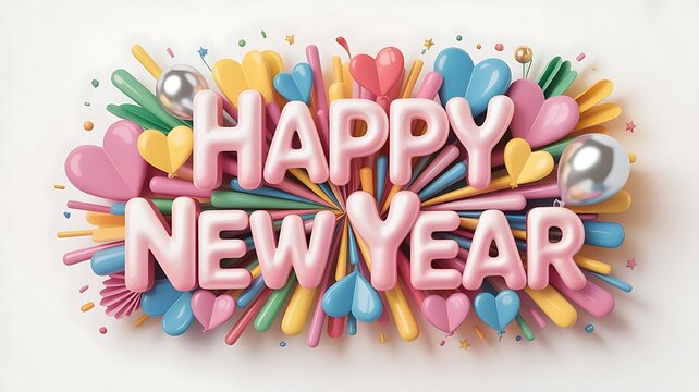 Happy new year wishes with colorful hearts and balloons isolated on white background - Powered by Adobe
