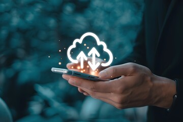 Cloud computing on a smartphone data transfer with arrows modern technology for mobile devices