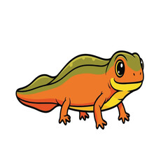 A vibrant cartoon illustration of a newt with orange and green coloring, smiling.