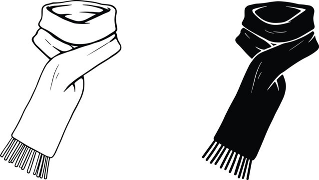 Minimalist scarf illustration in black and white, fashion accessory vector with looped knot and fringe detail for design and style