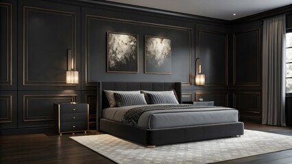 Luxurious Jet Black Bedroom Interior With Bold Modern Artwork, Glass Nightstands, Dramatic Lighting And Sophisticated Contemporary Decor Creating A Stylish Elegant Living Space