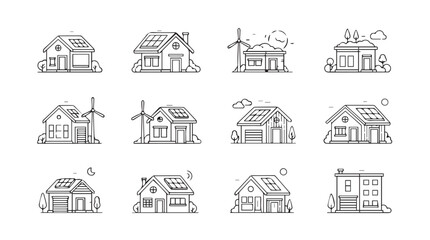Hand drawn sketch collection of eco friendly houses with solar panels and wind turbines vector © Marzina Begum