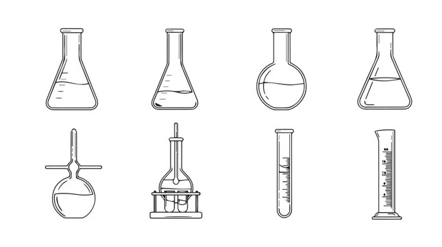 Collection of scientific laboratory glassware including flasks beakers and cylinders for chemistry research vector