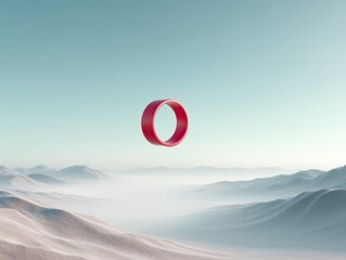 Floating Red Circular Object Above Foggy Mountain Landscape Under Clear Sky