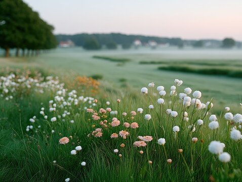 Foggy Meadow at Sunrise with Wildflowers and Trees