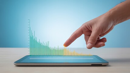 Hand interacts with a data graph on a tablet screen showing business analytics trends