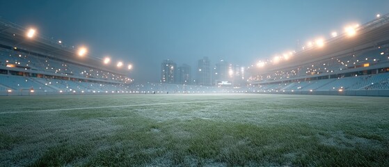 Football Stadium At Night With Cold Fog And Artificial Lighting Over Green Field And Distant City