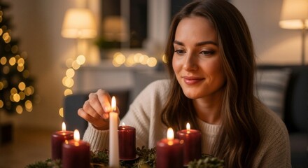 Woman lighting a candle on a traditional Advent wreath. Christmas holiday tradition in a cozy home. Festive winter celebration concept
