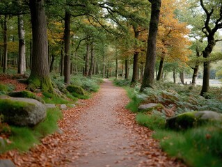 Fototapeta premium Forest Path Through Autumnal Trees Sunlight Filtering Through Canopy Leaves And Grass With Moss Covered Rocks