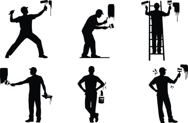 Silhouette man painting wall, home renovation, paint roller, ladder work, house improvement, interior design, construction worker, wall repair, DIY project, decoration