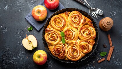 Baked apple rose tart on dark surface