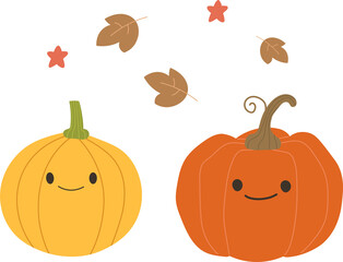 Cute Cartoon Pumpkins with Autumn Leaves