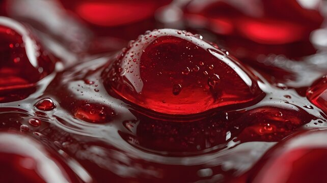 Close Up of Red Gummy Candy with Glaze and Bubbles in Macro Shot