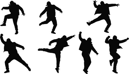 Silhouette men dancing hip hop, street dance poses, breakdance jumps, modern urban style performance, freestyle moves, energetic motion, artistic body expression