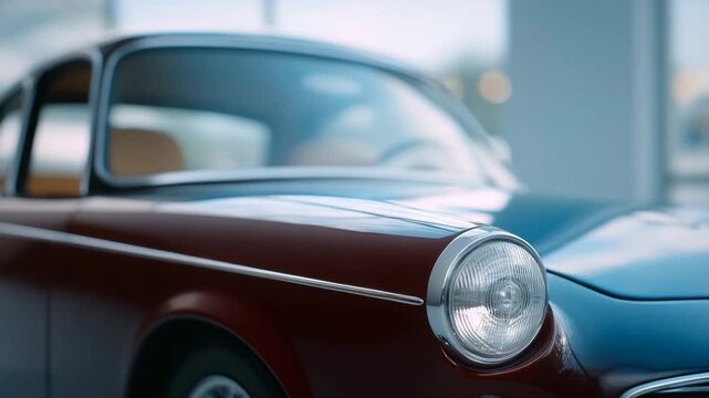 Classic car vintage coupe with red exterior, chrome trim, round headlight, retro style, luxury automobile, elegant design, shiny paint, chrome detail, nostalgic mood, and soft lighting