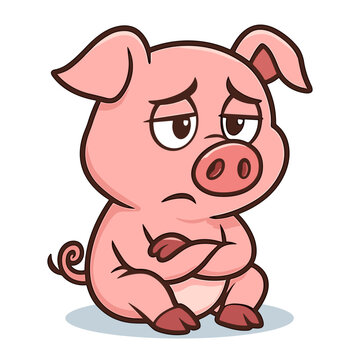 Cartoon pig with arms crossed grumpy expression