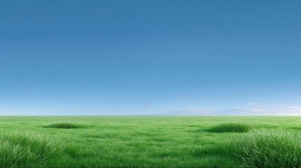 Fototapeta premium Expansive Green Field Under Clear Blue Sky with White Clouds, Ideal for Nature and Outdoor Themes, Calm and Serene Landscape