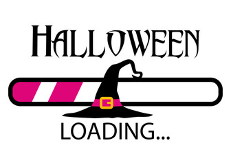 Logo con texto Halloween Loading con barra de progreso con sombrero de bruja. Banner de descarga para felicitaciones y tarjetas © teracreonte