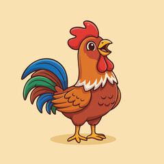Bright colorful rooster cartoon character illustration farm animal design for kids