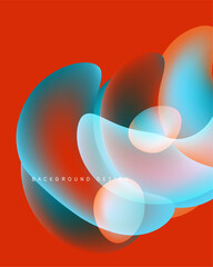 Abstract fluid shapes overlap, creating vibrant color blends. Red background enhances dynamic visual effect. Modern design element.