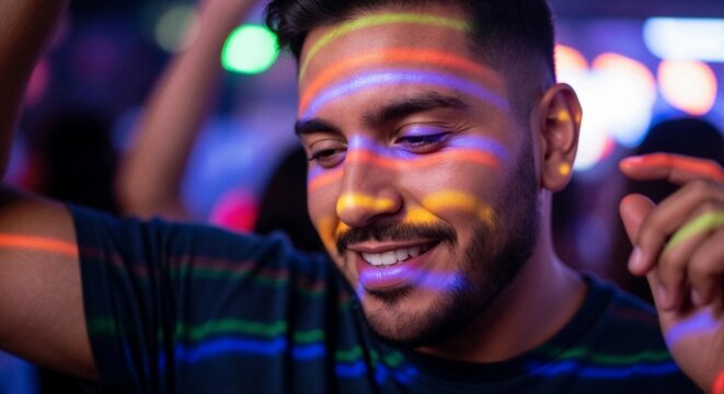 Happy young man with colorful neon light stripes on his face at a party. Person dancing and smiling in a nightclub. Nightlife and celebration concept
