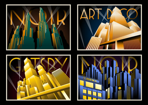 Noir, Art Deco, Gatsby Style Architectural Posters.Futuristic City, Skyscrapers, Bridges, Spotlights. Vector Templates for Art Deco Placards, Covers, Illustrations