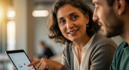 Female mentor training a male colleague on a tablet in an office. Business professionals collaborating and analyzing data. Teamwork and professional development concept
