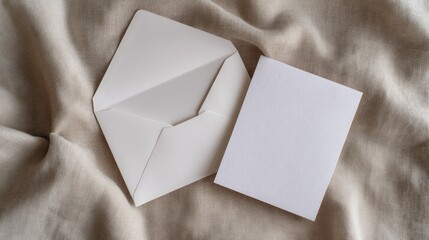 Fototapeta premium Elegant Blank White Envelope and Card on Soft Neutral Fabric Background for Customizable Designs
