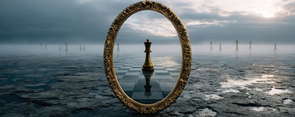 Pawn looking in the mirror seeing queen concept. A surreal mirror reflecting a lone chess piece in a mystical scenery.