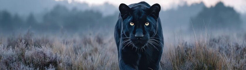 Black panther staring with bright yellow eyes concept. A striking black panther prowling through a misty landscape.