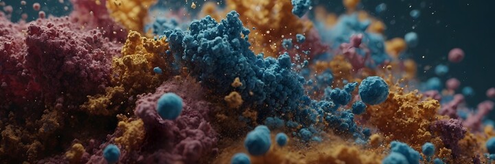 Fototapeta premium Colorful Powder Explosion in Dark Background with Vibrant Blue Yellow Pink Particles