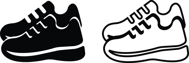 Black sneakers, trainers, sports shoes icon set, collection and group in flat and line style footwear vector symbols for athletic wear, running, gym shoe synonym graphic design pack