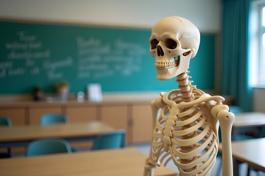 A detailed model of a human skeleton in a classroom corner.