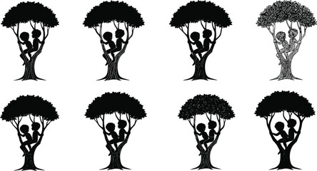 Silhouette of two children sitting on tree branches, childhood friendship, outdoor adventure, nature play, summer season, happy kids, natural lifestyle