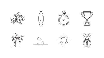Set of 8 hand-drawn sketch icons representing summer sports and beach activities vector